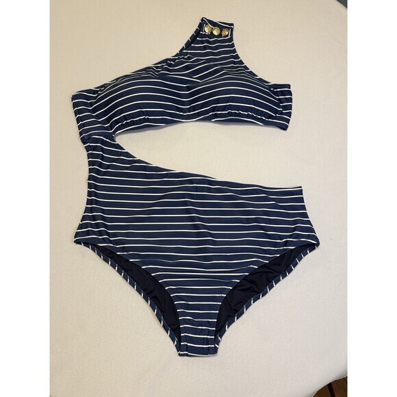NWT J Crew Cutout One Shoulder One Piece Swimsuit Navy Blue White Stripe Swim 24 - Picture 12 of 15